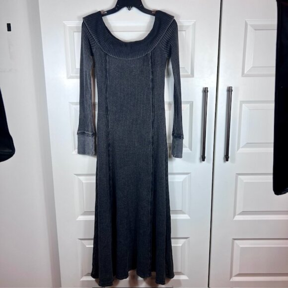 Free People Monty Black Long Sleeve Waffle Knit Midi Dress Size XL - Picture 1 of 8